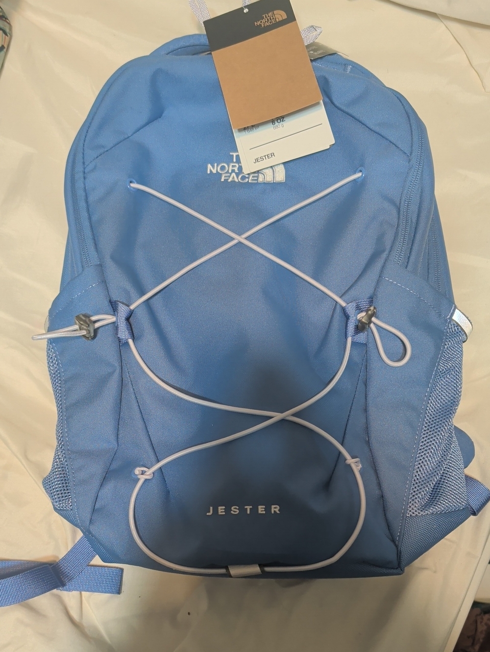 The North Face Jester Backpack in Sky Blue with White Bungee